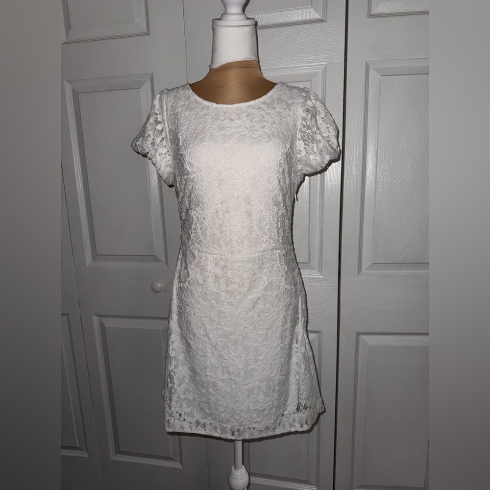 New Free People Hailee Lace Mini Tie Back Puffed Sleeves Dress White Sz M‎
